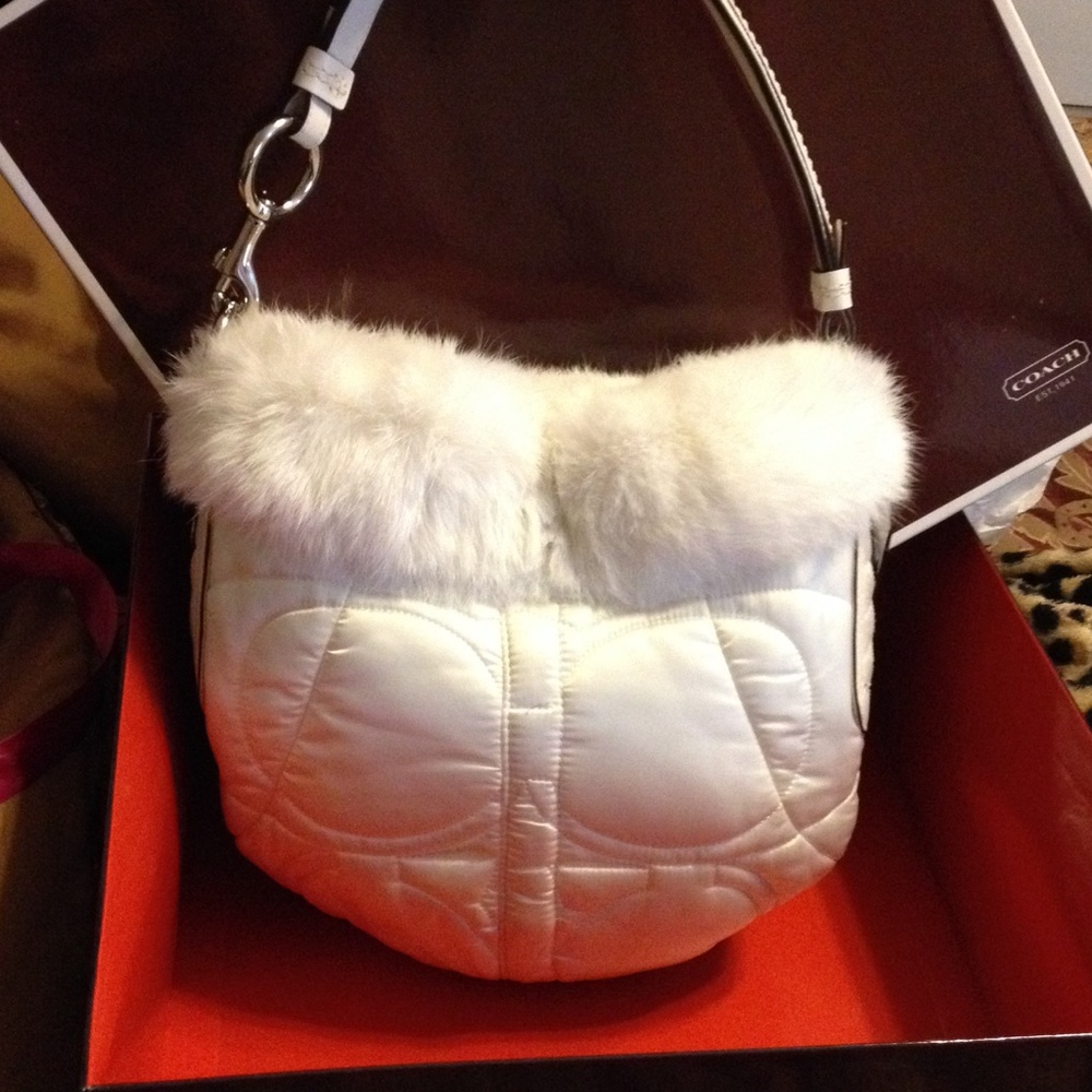 COPY - Coach satin white rabbit fur ski hobo